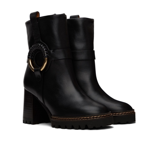 SEE BY CHLOE Hana Ankle Boots Black Leather EU 38 Harness Lug Sole Heel Booties - Picture 1 of 11
